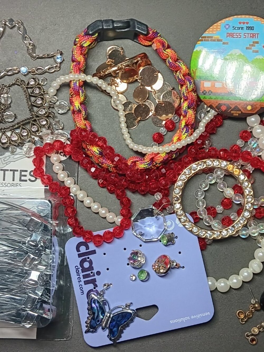 Mixed Jewelry & Crafting Lot - New Claire's Earrings, DIY Barrettes, & Beads